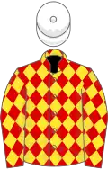 Red and yellow diamonds, white cap