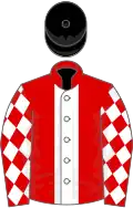Red, white stripe, diamonds on sleeves, black cap