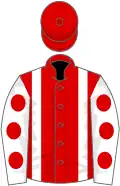 Red, white braces, white sleeves, red spots