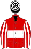 Red, white hoop, striped sleeves, black and white hooped cap