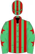Emerald green and red stripes, emerald green sleeves, red stars