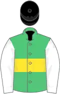 Emerald green, yellow hoop, white sleeves, black cap