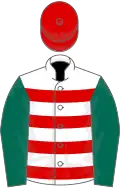 White, Red hoops, Dark Green sleeves, Red cap