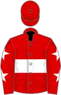 Red, white hoop, red sleeves, white stars