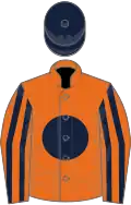 Orange, dark blue disc, striped sleeves, dark blue cap