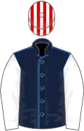 Dark blue, royal blue seams, white sleeves, red and white striped cap