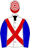 White, red cross belts, blue sleeves, red and white hooped cap