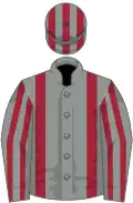 Grey, maroon braces, striped sleeves and cap