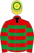 Red, green hoops, yellow cap, green hoop