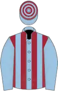 Light blue and maroon stripes, light blue sleeves, hooped cap