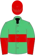 Emerald green, red hoop, halved sleeves, red cap