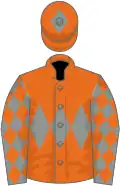 Orange, grey triple diamond, grey sleeves, orange diamonds, orange cap, grey diamond