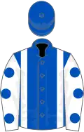 Royal blue, white braces, white sleeves, royal blue spots