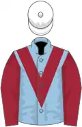 Light blue, maroon chevron and sleeves, white cap