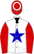 White, blue star, red sleeves, red cap, white hoop