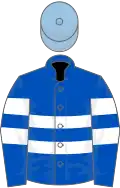 Royal blue, two white hoops, two white armlets, light blue cap