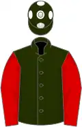 Moss green, red sleeves, green cap, white spots