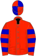 Scarlet, blue hooped sleeves, quartered cap