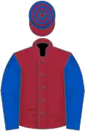 Maroon, royal blue sleeves, hooped cap
