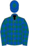 Dark green and royal blue diamonds, royal blue sleeves, dark green diamonds,royal blue cap, dark green diamond