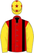 Red, black braces, yellow sleeves, yellow cap, red stars