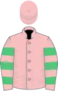 Pink, emerald green hooped sleeves