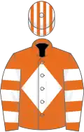 Orange, white diamond, hooped sleeves, striped cap