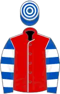Red, white seams, royal blue and white hooped sleeves and cap