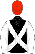 Black, white sleeves and crossbelts, scarlet cap