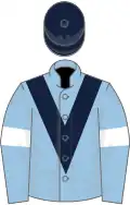 Light blue, dark blue chevron, light blue sleeves, white armlets, dark blue cap