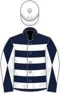 Dark blue, white hoops, diabolo on sleeves, white cap