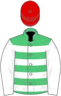Emerald green and white hoops, white sleeves, red cap