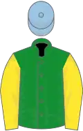 Green, yellow sleeves, light blue cap