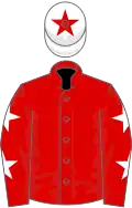 Red, white stars on sleeves, white cap, red star