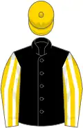 Black, gold and white striped sleeves, gold cap