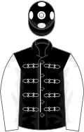 Black, white braid, sleeves and spots on cap