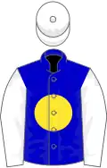 Blue, yellow disc, white sleeves and cap