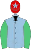 Light blue, emerald green sleeves, red cap, light blue star