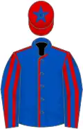 Royal blue, red seams, striped sleeves, red cap, royal blue star