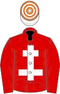 Red, white cross of lorraine, white and orange hooped cap