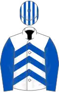 White, royal blue chevrons and sleeves, striped cap