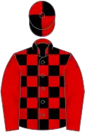 Red and black check, red sleeves, quartered cap