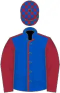 Royal blue, maroon seams and sleeves, maroon and royal blue check cap