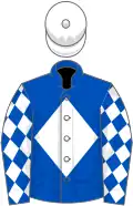 Royal blue, white diamond, diamonds on sleeves, white cap