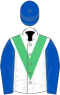 White, emerald green chevron, royal blue sleeves and cap