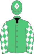 EMERALD GREEN, white diamonds on sleeves, emerald green cap, white diamond