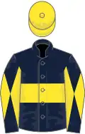 Dark blue, yellow hoop, diabolo on sleeves, yellow cap