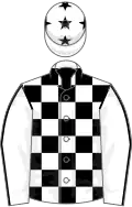 White and black check, black seams on sleeves, black stars on cap