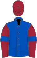 Royal blue, maroon sleeves, royal blue armlets, maroon cap