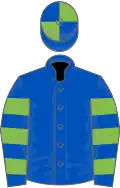 Royal blue, light green hooped sleeves, quartered cap